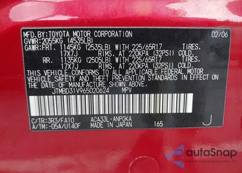 2006 Toyota Rav4 Limited из США, поврежденный, VIN JTMBD31V965020624